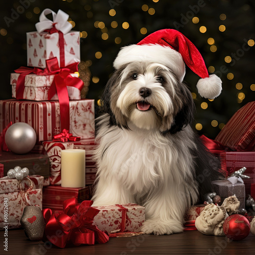 Dog dressed as Santa Claus.