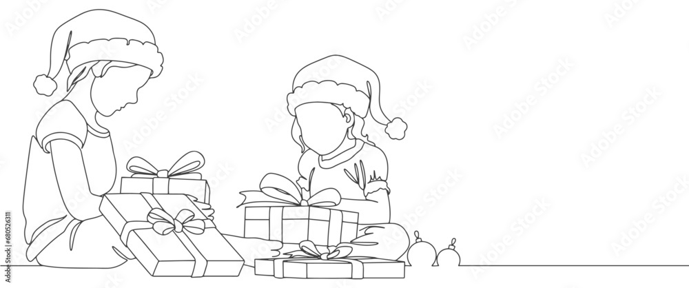 Kid opens christmas gift box  present. Child  celebrate christmas  holiday together. line art drawing style. Christmas Festive gift is unwrapping by child