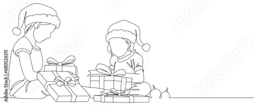 Kid opens christmas gift box  present. Child  celebrate christmas  holiday together. line art drawing style. Christmas Festive gift is unwrapping by child