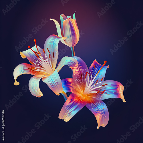 Holographic of lily flower. Holographic textured. Iridescent rainbow foil.