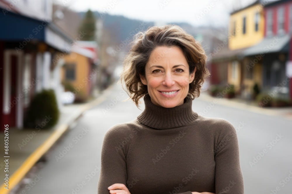 Portrait of a blissful woman in her 40s showing off a thermal merino wool top against a charming small town main street. AI Generation Portrait of a blissful woman in her 40s showing off a thermal merino wool top against a charming small town main street. AI Generation