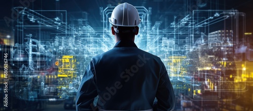 Professional manager engineer , back view civil with wireframe hologram construction building photo
