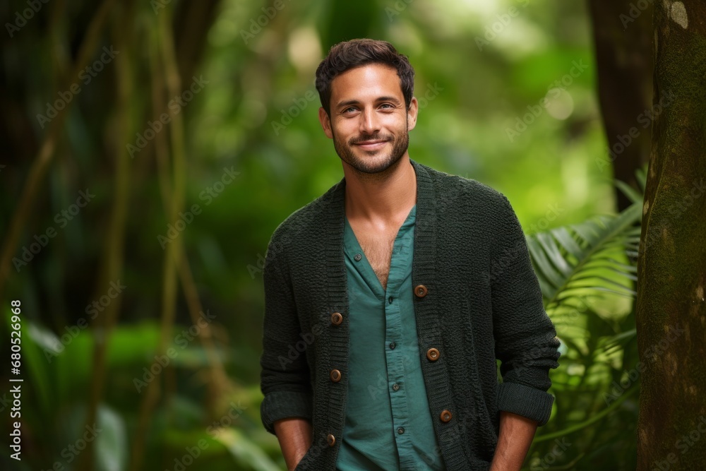 Portrait of a grinning man in his 30s wearing a chic cardigan against a lush tropical rainforest. AI Generation Portrait of a grinning man in his 30s wearing a chic cardigan against a lush tropical rainforest. AI Generation