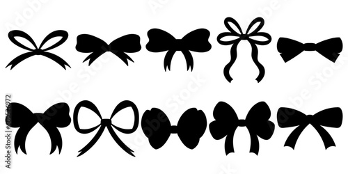 Black Silhouettes of Hand Drawn Ribbon Bows. Versatile Shapes for Elegant Decorations. Big Set of Bowties for Creative Projects.