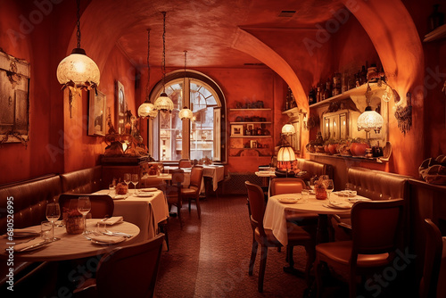 Cozy luxury restaurant interior with warm lighting, baroque style, arched windows, and elegant table