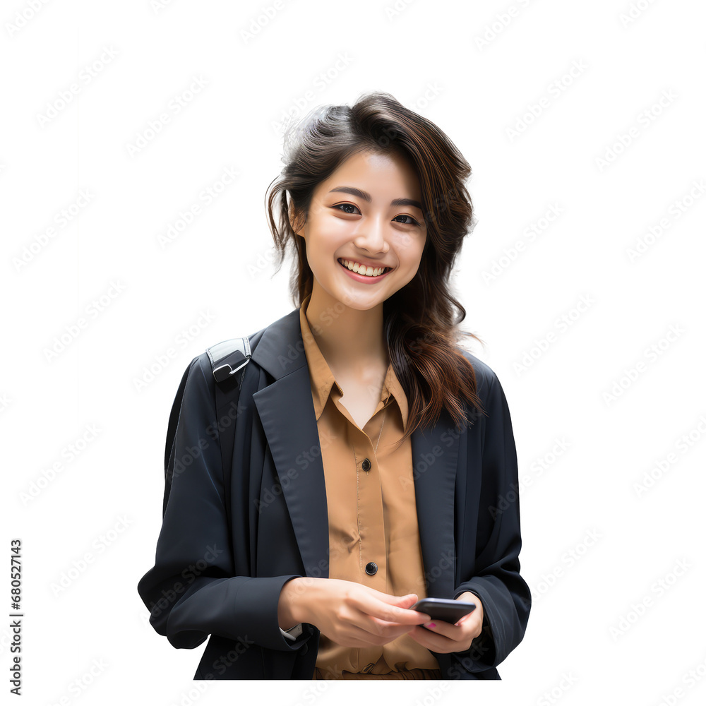 business woman smiling face. Beautiful coloured clothes, feminine hairstyle, Holding a smartphone business woman smiling face. Beautiful coloured clothes, feminine hairstyle, Holding a smartphone