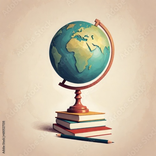 open book and globe. open book and globe. vector illustration of a world globe with a book and a stack of books