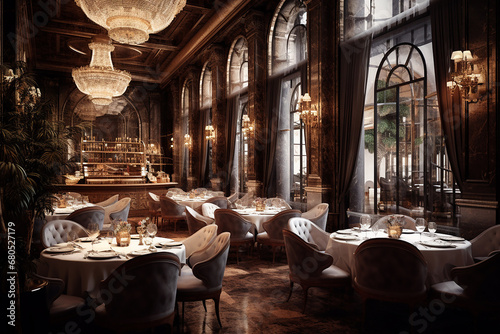 Elegant dinning room with classic decor, chandeliers, and set tables in a luxurious restaurant.
