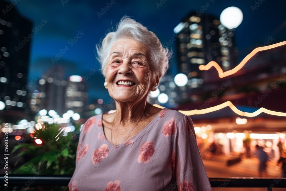 Portrait of a jovial elderly woman in her 90s donning a classy polo shirt against a background of bright city lights. AI Generation Portrait of a jovial elderly woman in her 90s donning a classy polo shirt against a background of bright city lights. AI Generation