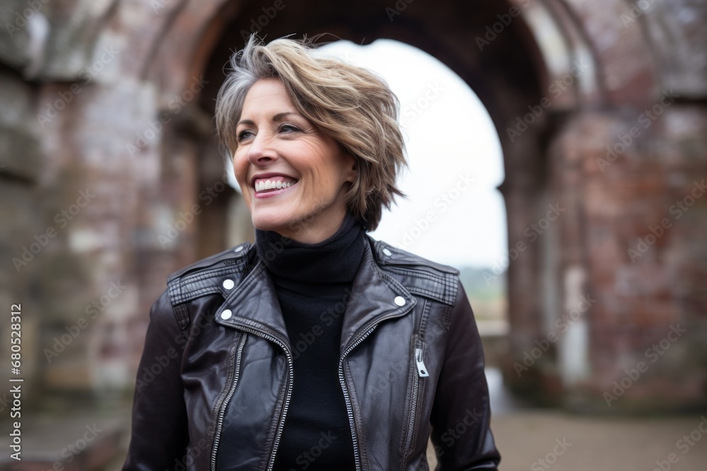 Portrait of a grinning woman in her 50s sporting a classic leather jacket against a backdrop of ancient ruins. AI Generation Portrait of a grinning woman in her 50s sporting a classic leather jacket against a backdrop of ancient ruins. AI Generation
