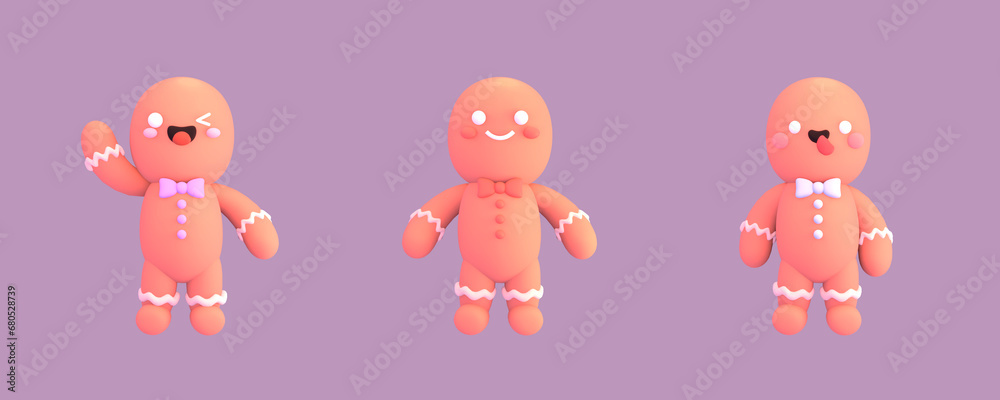 Obraz premium 3d rendered kawaii gingerbread man objects.