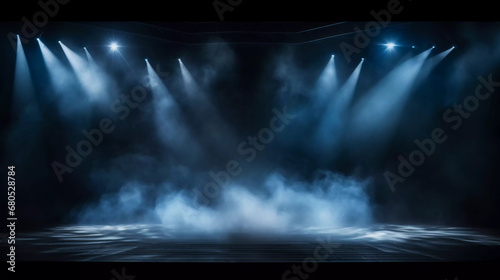 Illuminated stage with scenic lights and smoke. Blue vector spotlight with smoke volume light effect on black background