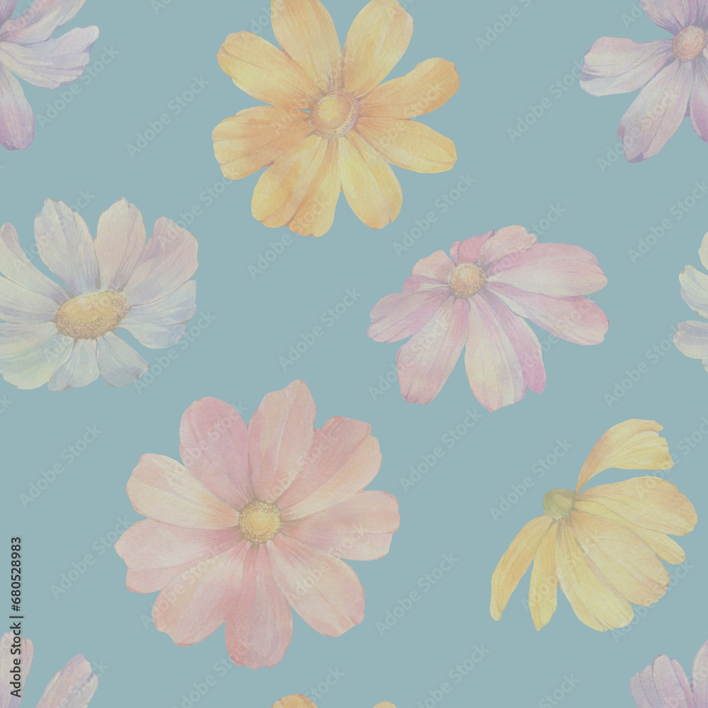 flowers of delicate shades on a blue background, abstract background, seamless pattern for cards and wallpapers flowers of delicate shades on a blue background, abstract background, seamless pattern for cards and wallpapers
