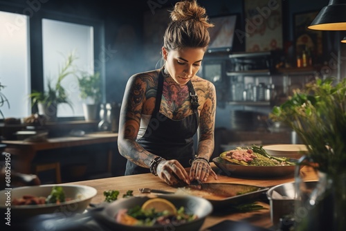 Tattooed Chef Preparing Meal in Kitchen