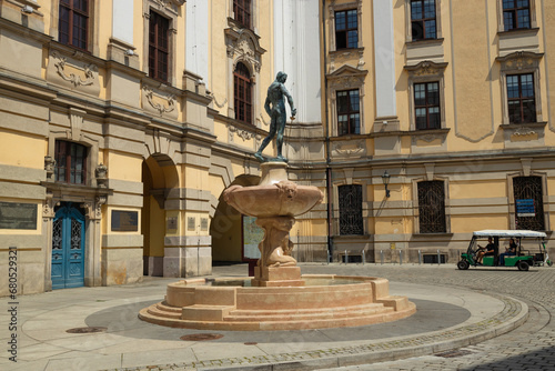 Wroclaw, Poland - June 2023: View of Fencer Fountain on the street. High quality photo