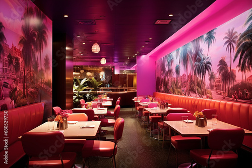 Modern restaurant interior with pink neon lighting  tropical wall murals  and cozy seating arrangement.