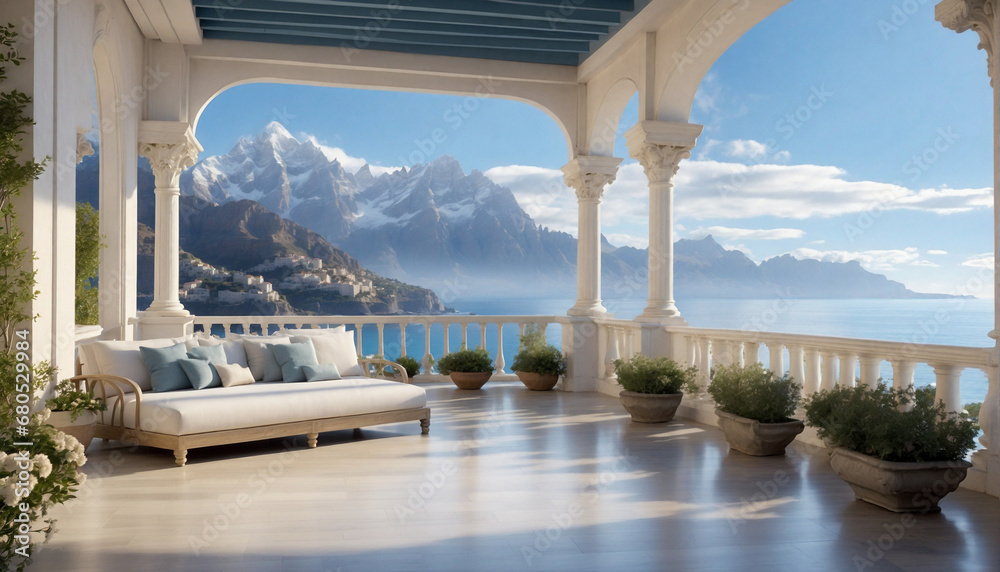 The spacious terrace with classical columns and balustrade offers a picturesque panoramic view of the sea and mountain peaks. Large sofa for relaxing and plants in vases are on the terrace. - obrazy, fototapety, plakaty 
