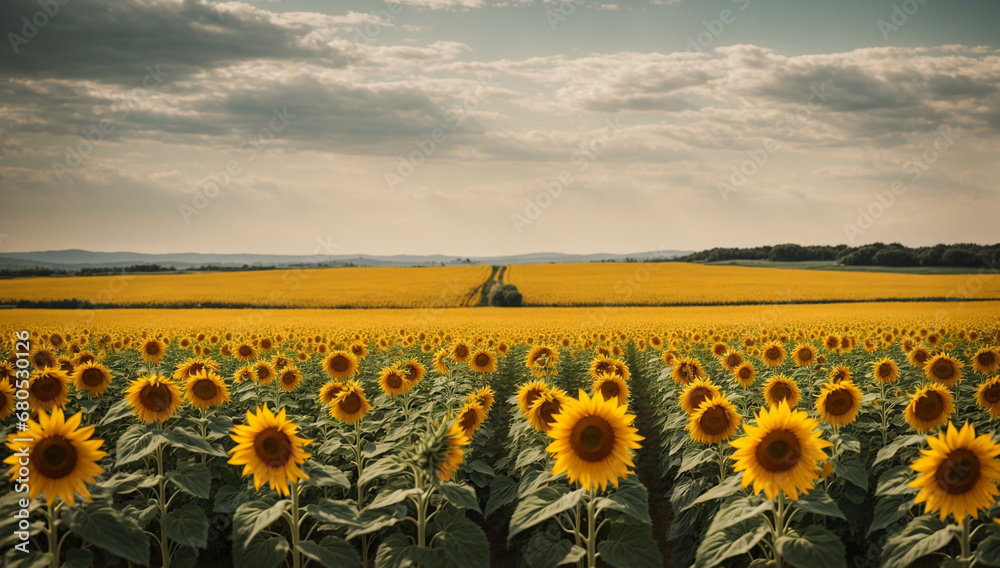 Fototapeta premium A scene of serene perfection unfolds in an idyllic sunflower field, where rows of towering yellow blooms stand as nature's testament to beauty and tranquility - AI Generative