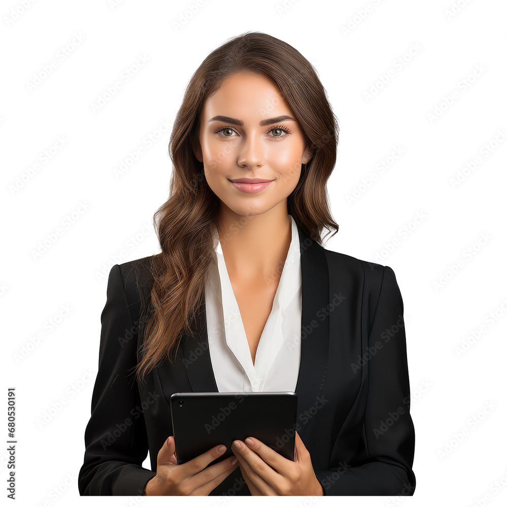 smiling business woman standing,she is holding up a tablet smiling business woman standing,she is holding up a tablet