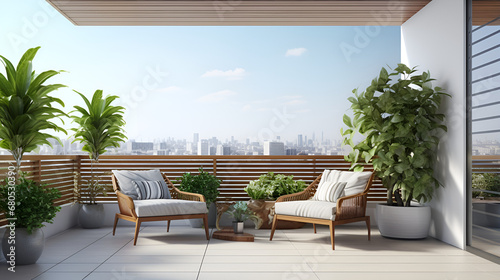 3D Render of a Summery Terrace Area Background: Balcony, Terrace, Home Design.AI Generative 