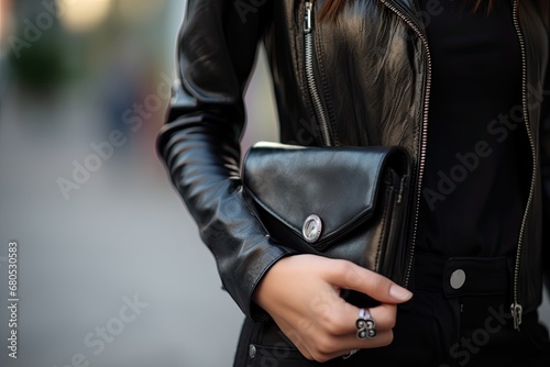 A fashionable and stylish woman with a black leather handbag exuding elegance and beauty in an urban setting.