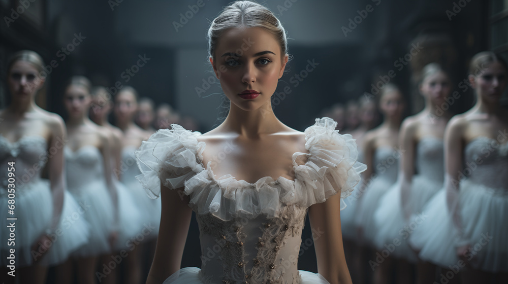 Naklejka premium Portrait of a pretty young prima ballerina and A lot of girls ballerinas at the background, in white costume before the performance