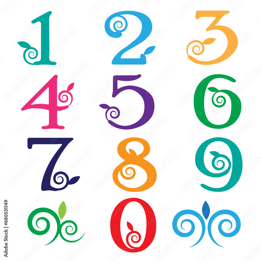 Naklejka premium Set of numbers with curved lines and leaves