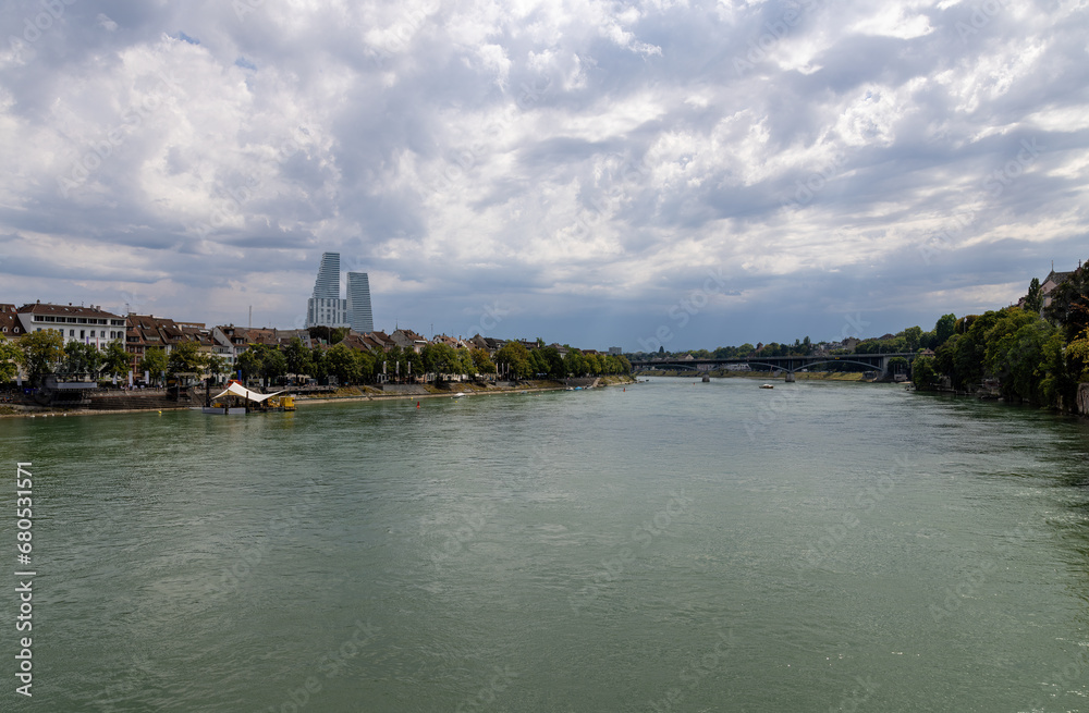 View over the Rhine to the skyline of Basel