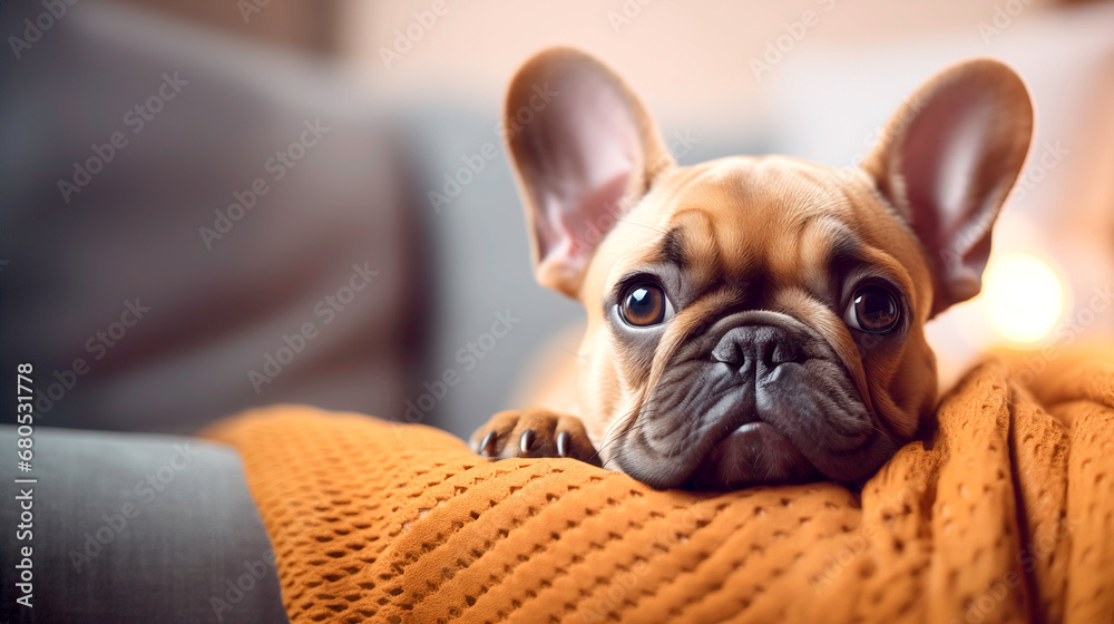 bulldog resting in a comfy sofa portrait