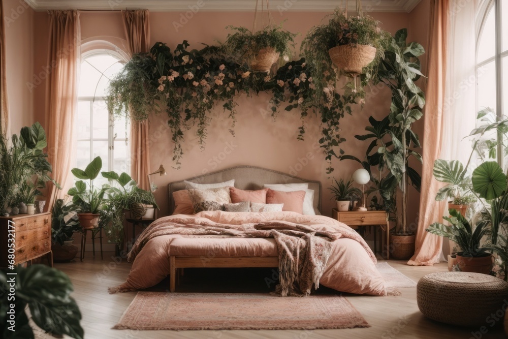 Soft pink bedroom in boho style with lots of green plants. Soft pink bedroom in boho style with lots of green plants.
