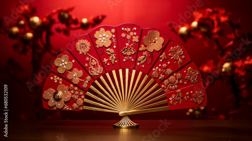 Traditional Chinese Fan for Chinese Lunar New Year on Festive Red Background