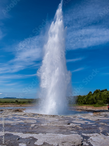 Strokkur is Iceland’s most visited active geyser. One of the three major attractions on the world-famous Golden Circle sightseeing route - Haukadalur valley, Iceland, Europe