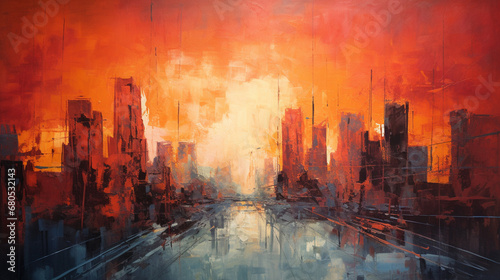 An expressionist portrayal of a bustling cityscape  radiating the intense emotion of melancholy.
