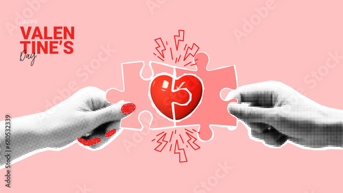Happy Valentine's day banner. Hands of woman and man connecting puzzle pieces with icon of heart. Contemporary art collage for Valentine's Day decoration. Hands hold collage. Vector illustration.