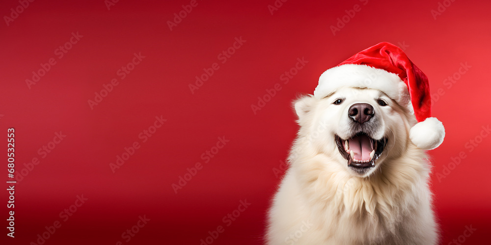 Funny bear wearing santa claus hat on red background