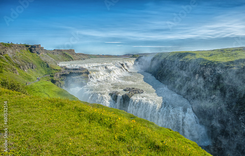 Gullfoss  Golden Falls   is a waterfall located in the canyon of the Hv  t   river in southwest Iceland. Gullfoss is one of the most visited tourist attractions in Iceland