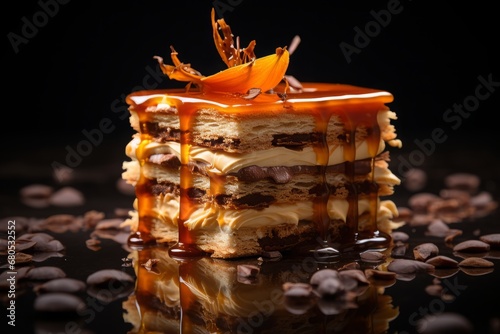 Traditional French dessert millefeuille with vanilla cream, caramel and chocolate drops photo