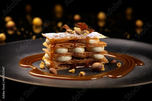 Traditional French dessert millefeuille with vanilla cream, caramel sprinkled with powdered sugar photo