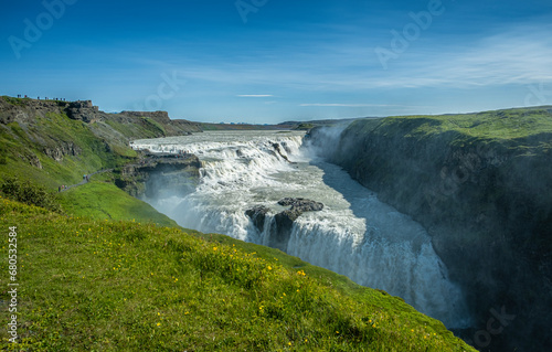 Gullfoss  Golden Falls   is a waterfall located in the canyon of the Hv  t   river in southwest Iceland. Gullfoss is one of the most visited tourist attractions in Iceland