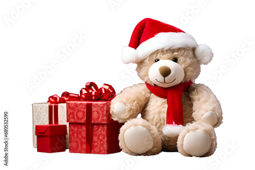 Christmas teddy bear with red gifts box