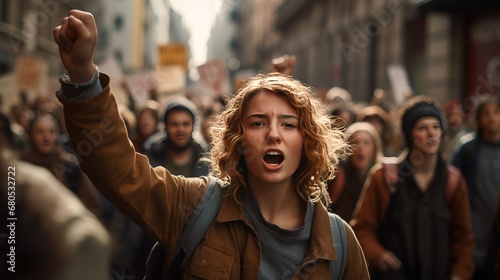 Teenage girls joining the global climate strike. Generative AI photo