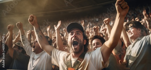 Crowd Of Sports Fans Cheering During A Match In A Stadium. People Excited Cheering For Their Favorite Sports Team To Win The Game. Generative AI