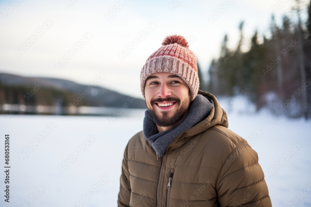 Portrait of a joyful man in his 20s donning a warm wool beanie against a backdrop of a frozen winter lake. AI Generation Portrait of a joyful man in his 20s donning a warm wool beanie against a backdrop of a frozen winter lake. AI Generation