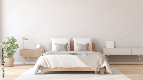 Minimalistic bedroom with comfortable bed and pillows. Pastel colors. 3d rendering of interior in scandi style. photo