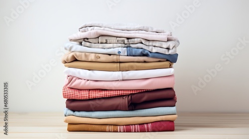Generative AI : Stack of clean freshly laundered, neatly folded women's clothes on wooden table.