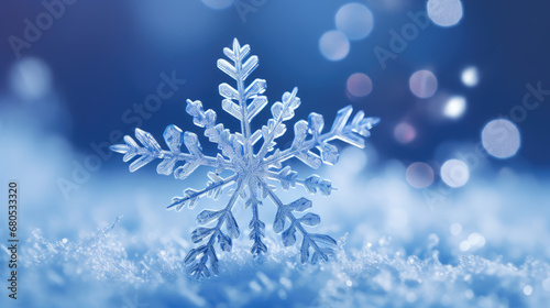 Winter wallpaper or background. Macro closeup of a beautifully patterned snowflake. 