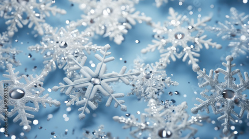 Winter wallpaper or background. Macro closeup of a beautifully patterned snowflake. 