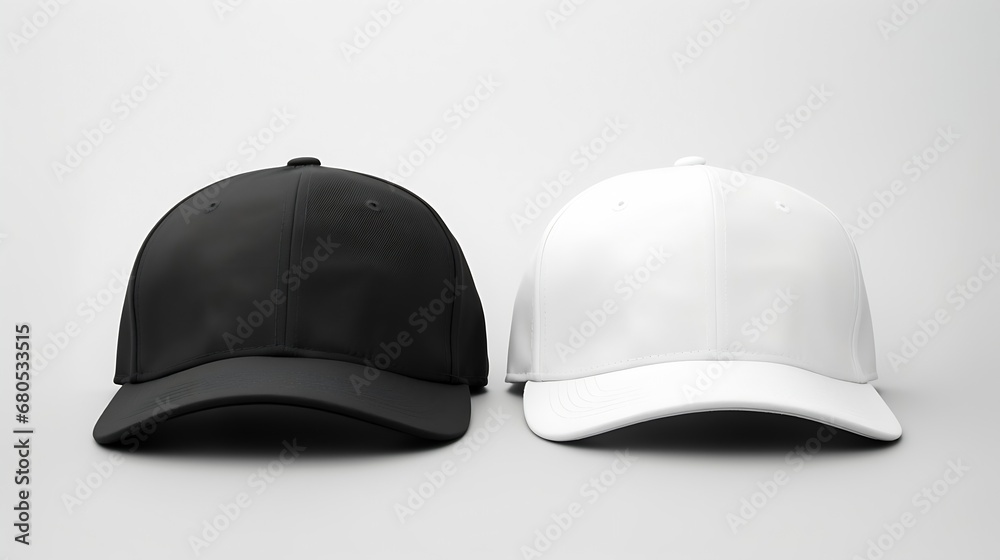 Fototapeta premium Generative AI : Baseball cap white and black templates, front views isolated on white background. Mock up.