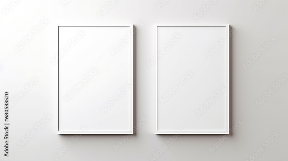 Generative AI : Two mockup vertical rectangle painting frames hanging on white wall background at the room corner with copy space. Generative AI : Two mockup vertical rectangle painting frames hanging on white wall background at the room corner with copy space.