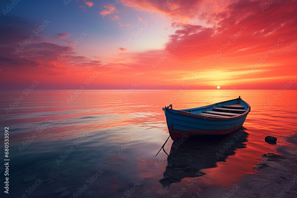 A boat in the sea with sunset 
